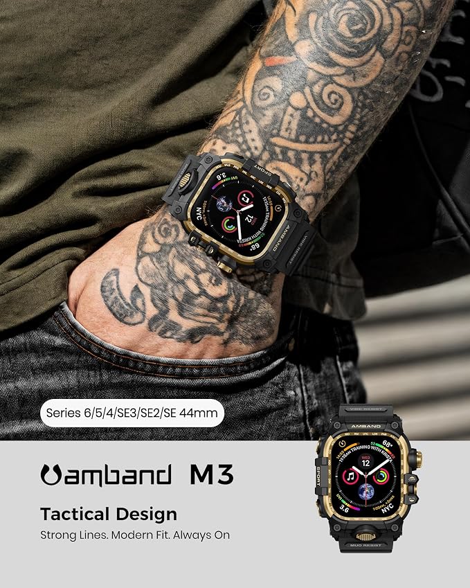 amBand Rugged Case with Band for Apple Watch 44mm, Compatible with iWatch Series SE 3/SE 2nd Generation/SE/6/5/4, Military Grade Shockproof Bumper Cover, Tactical Band for Men, Black Gold