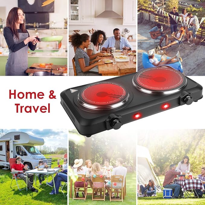 1800W Infrared Dual Burner Portable Electric Hot Plate | 7.5” & 6.3” Glass Cooktops with Stepless Temperature Control (302℉ to 1022℉) | Compact Heating Solution for Home, RV, Camping, and Dorms