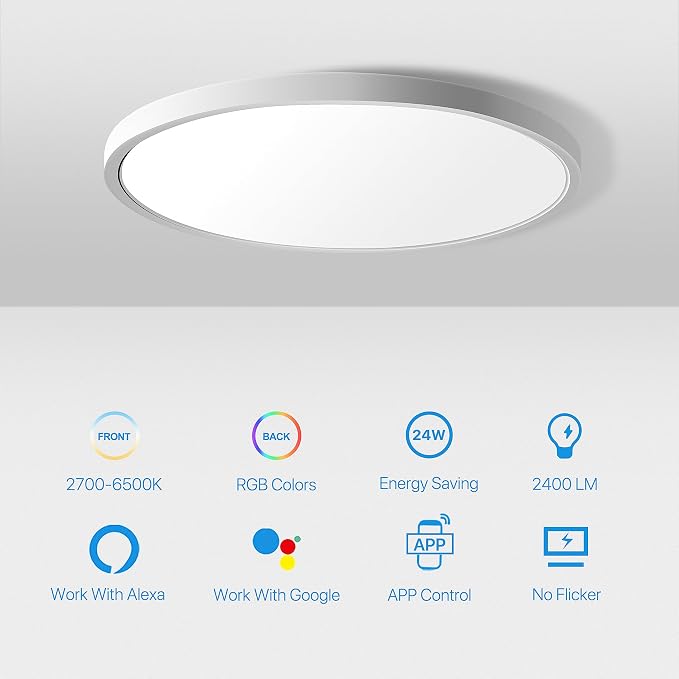 MELEGAN 2Pcs RGB Smart Ceiling Light, Super Slim LED Flush Mount Ceiling, WiFi Compatible with Alexa Google Home,12Inch 24W Dimmable 2700K-6500K for Bedroom, Kitchen, Dining Room, Basements