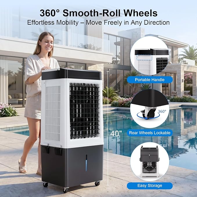 Uthfy 2200 CFM Swamp Cooler, 40" Evaporative Air Cooler with 8 Gal Detachable Water Tank, 120° Oscillation, 3 Speeds, Remote, 12H Timer, Portable AC for Bedroom Garage Patio