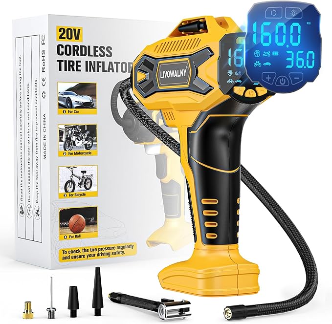 Tire Inflator Air Compressor Compatible with Dewalt 20V Battery, LIVOWALNY 160 PSI Cordless Portable Electric Air Pump 2026 Bigger LCD Digital Pressure Gauge for Car, Bike, Sport Ball (Tool Only)
