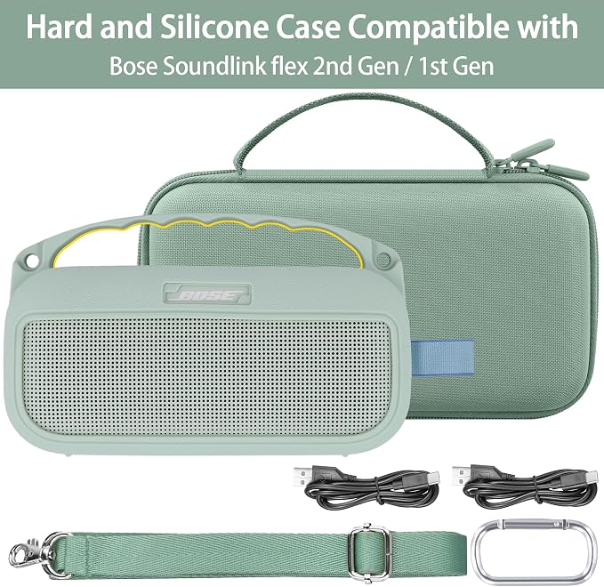 co2CREA Hard Case and Silicone Case Replacement for Bose New SoundLink Flex 2nd Gen/Bose SoundLink Flex Bluetooth Portable Speaker, Protective Case with Carabiner and Shoulder Strap (Alpine Sage Case)