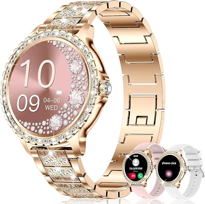 Smart Watches for Women(Make/Answer Call) with Diamond:1.32" Fitness Tracker Watch for HR/Blood Pressure/SpO2/Sleep Monitor,Digital Running Watches for Women Android/iOS,3 Strips