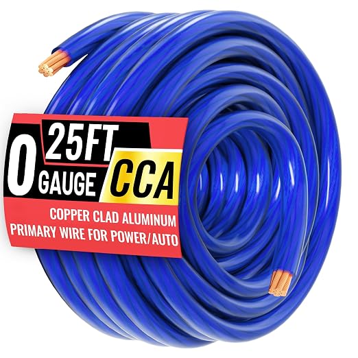 0 Gauge Wire 25FT Blue Copper Clad Aluminum CCA 1/0 Battery Cable, Primary Power/Ground Cable for Car Audio Speaker, RV Trailer, Amp, Inverter RV Truck, Marine, Solar Equipment, Translucent Jacket