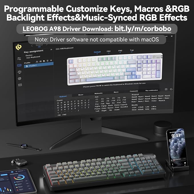 LEOBOG A98 Wireless Mechanical Keyboard, Tri-Mode BT5.0/2.4GHz/USB-C, Creamy Keyboard with Number Pad, Gasket Structure Hot Swappable, PBT Keycaps, RGB Backlit Black Gaming Keyboard with Knob for PC