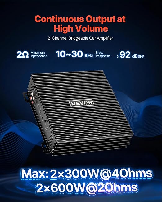 VEVOR 2 Channel Car Audio Amplifier 2 Ohm Stable Bridgeable Class A/B Full Range Stereo Amp Max Power 2 x 300W @ 4 Ohm / 2 x 600W @ 2 Ohm for Car SUV Truck Off-Road