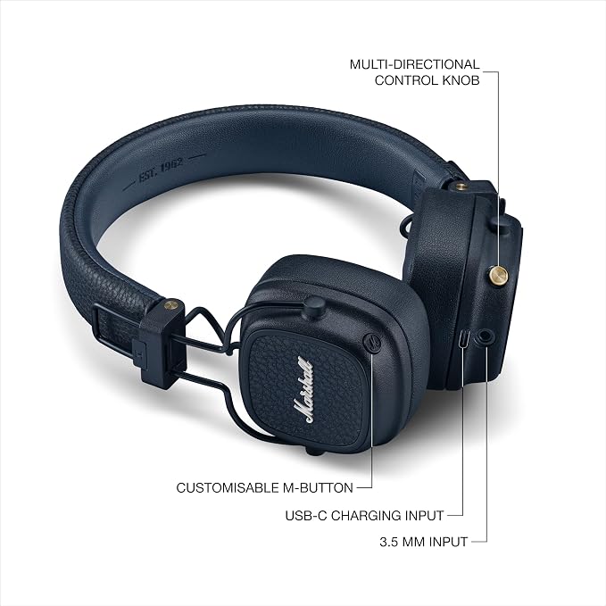 Marshall Major V Wireless On-Ear Bluetooth Headphones - 100+ Hr Playtime | Detachable Audio Cable | Microphone for Calls | Lightweight, Foldable Design for Travel - Midnight Blue