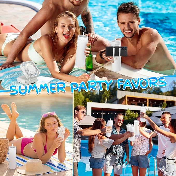 Reallnaive 6 Pcs Skinny Tumbler Bulk and Mini Portable Fans Set for Summer, 16 oz Plastic Cups with Lids Straws and Small USB Rechargeable Handheld Fan for Cooling Gift (White)