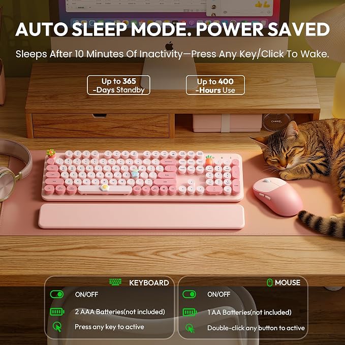 Wireless Keyboard and Mouse Combo, Typewriter Keyboard with Detachable Wrist Rest, Full-Size Retro Round Keycaps, Smart-Sleep, 2.4GHz Stable Connection for Mac/Windows/PC, Trueque(Rose Mist Pink)