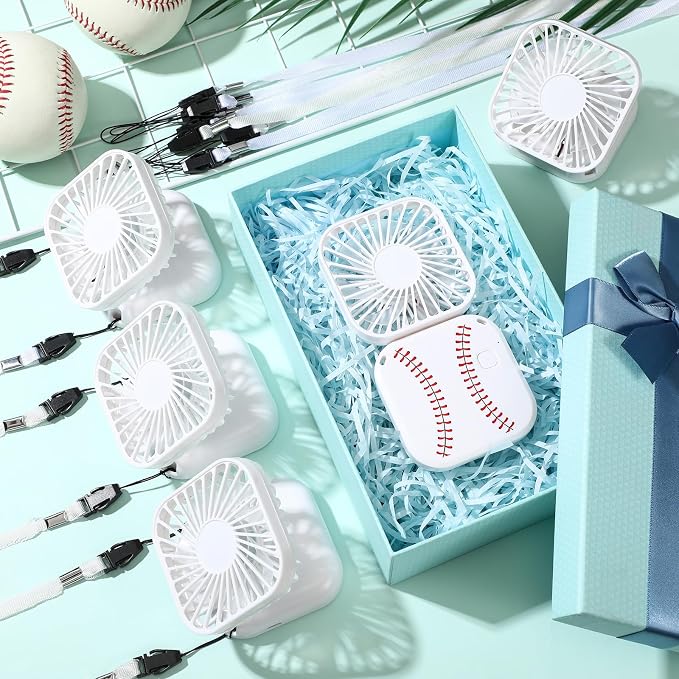 Retisee 12 Pcs Baseball Mini Portable Handheld Fans 3 Speed USB Rechargeable Necklace Fans Bulk 180° Foldable Electric Personal for Sport Party Favors Team Game Gift (White,Baseball)