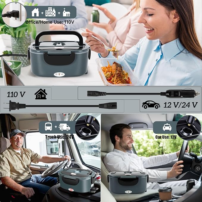 Electric Lunch Box for Adults - 1.5L Single/Double Layer Stainless Steel Food Warmer - 80W Fast PTC Heated Lunchbox, 12V/24V/110V Portable Food Heater for Car&Truck, Office, Camping, Travel(Gray)