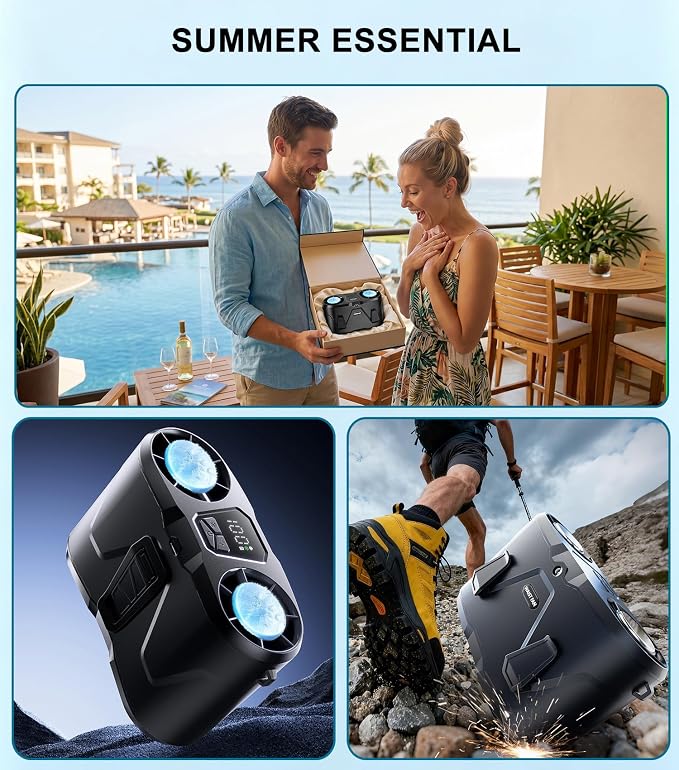 Portable Waist Fan with 2 Ice Cooling Plates & Flashlight, Personal Neck Belt Clip On Fan Dual Turbo 32000 RPM, Shirt Fans Air Conditioner 10000mAh Rechargeable, 100 Speeds for Outdoor Travel Jobsite