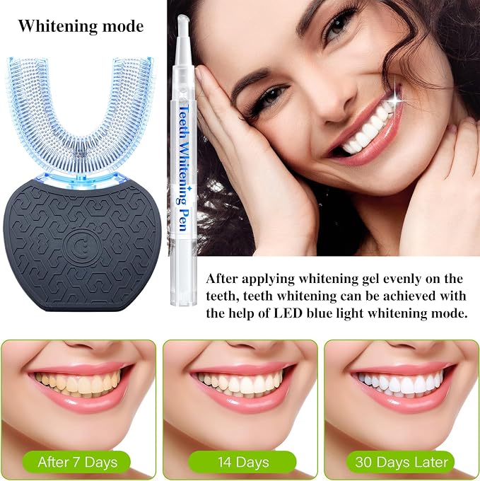 Sonic Glow U-Shaped Automatic Toothbrush–45-Second Teeth Whitening Kit,Fast Sonic Cleaning for Adults,Travel-Friendly with Teeth Whitening Gel（Black）