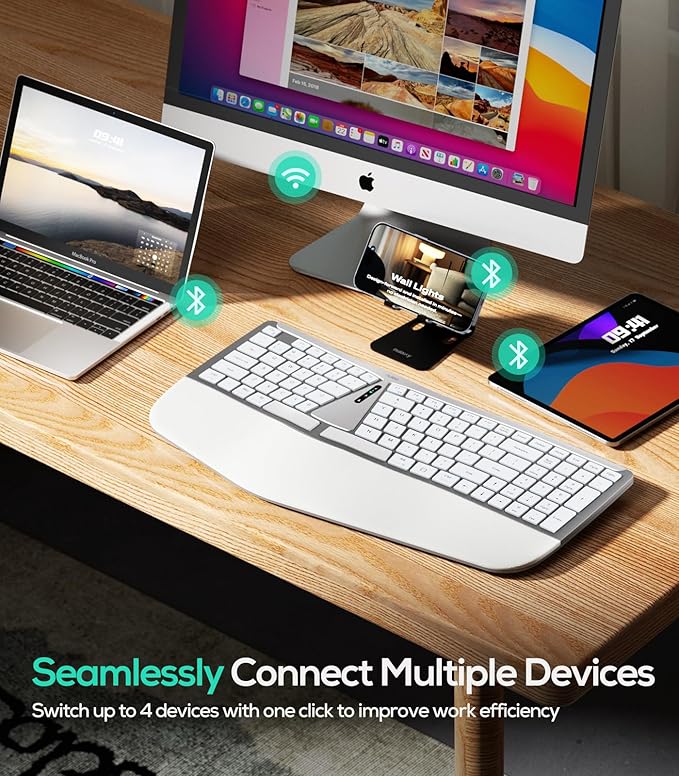 Nulea RT07B Wireless Ergonomic Keyboard - Split Keyboard, Wrist Rest, Natural Typing, Bluetooth and USB Connectivity, USB-C Rechargeable,Compatible with Windows Mac (Grey White)