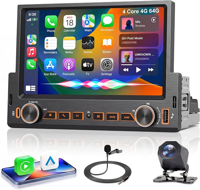 4G+64G Android Single Din Car Stereo, Wireless Carplay Android Auto, 5GWiFi GPS, 1 Din 7 inch Touch Screen Stereo Bluetooth Radio, Backup Camera, FM RDS USB, Type-C Charging
