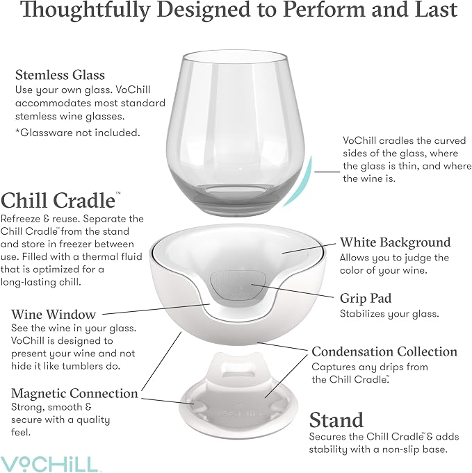 VoChill Stemless Wine Glass Chiller | Keep the Chill In Your Glass | Made In USA | Separable & Refreezable Chill Cradle | Actively Chills Stemless Glassware | Quartz, Pair Stemless