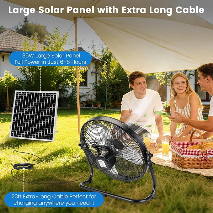 18'' Solar Powered Fan with 35W Solar Panel, Rechargeable Battery Operated Floor Fan with 23FT Cable, Cordless Portable Outdoor Fans for Home, Camping, Chicken Coop, Greenhouse, Power Outages