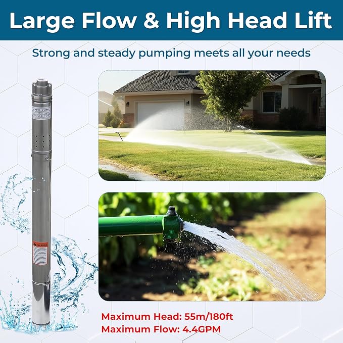 0.75HP Deep Well Pump, 220V/60Hz, 4.8GPM, 206ft Head Submersible Well Pumps with 49ft Electric Cord, 2.6" Stainless Steel Deep Well Water Pumps for Industrial, Irrigation & Home Use