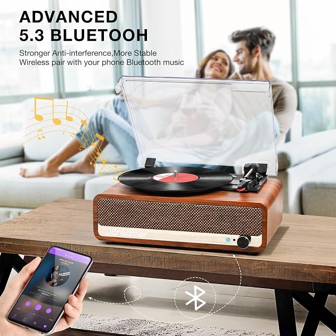 Vinyl Record Player with Speakers,3 Speed Turntable with Latest Bluetooth 5.3, Aux Input, Headphone Jack, RCA Output and Auto Stop, Mirror Vintage Wooden Brown