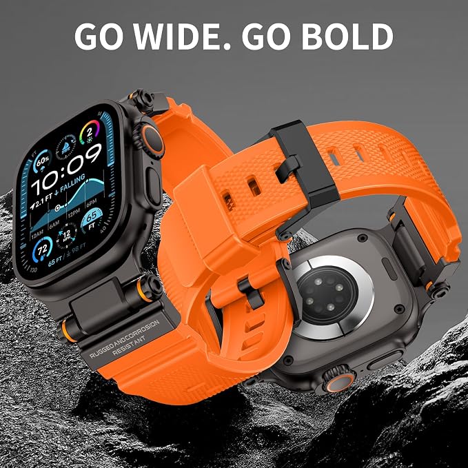 FOAMUNOC Rugged Band Compatible with Apple Watch Ultra 3/2/1 Band 49mm/46mm/45mm/44mm/42mm, Metal Connector with Silicone Strap for iWatch Ultra Series 11/10/9/8/7/6/SE3/SE2/SE/5/4/3/2/1, Orange/Black