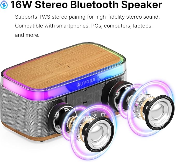S300 Portable Bluetooth Speaker, 16 W Stereo, BT 5.3, TWS Pairing | 15 W Wireless Charging, 13-Color Night Light, Alarm Clock, TF AUX Inputs, Ideal for PC Smartphone Home Bedroom Office