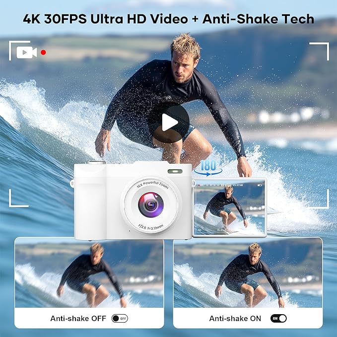 4K Digital Camera for Photography, Small Vlogging Camera with Flip Screen for YouTube, 50MP 16X Zoom, Portable Travel Cameras with 32GB SD Card for Beginners(White)