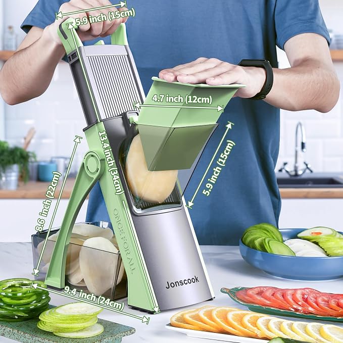 Jonscook All-in-1 Update Safe Mandoline Slicer for Kitchen, Food Chopper with Container, Thickness Adjustable Vegetable Chopper, Potato French Fry Cutter Tomato Apple Slicer Onion (Matcha Green)