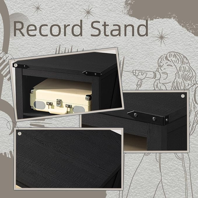 Joaxswe Record Player Stand with Vinyl Record Storage,Black Record Player Table Holds up to 160 Albums,Large Wood Turntable Stand Cabinet Dispaly Shelf for Living Room,Bedroom,Office