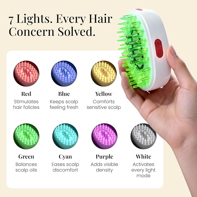 7-1 Red Light Hair Brush Comb | Vibrating Electric Red Light Scalp Massager + Oil Applicator for Fuller-Looking Hair Care | Scalp Massage for Head Spa | Portable, Cordless & Waterproof