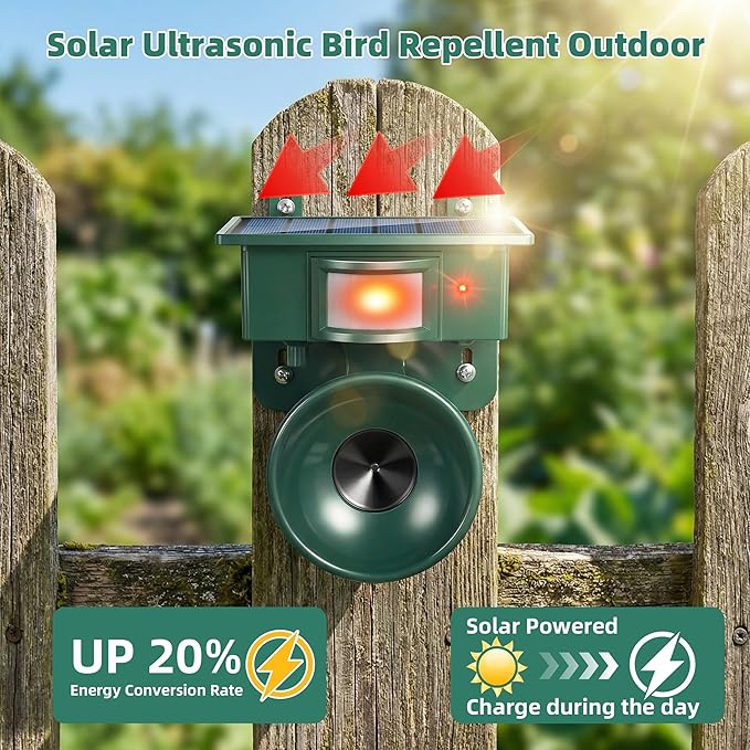 2026 Upgraded Ultrasonic Bird Repeller Solar Powered Outdoor Motion Activated Bird Pigeon Deterrents for Outside Woodpecker Goose Repellent Devices for Rooftops Porch Patio Balconies