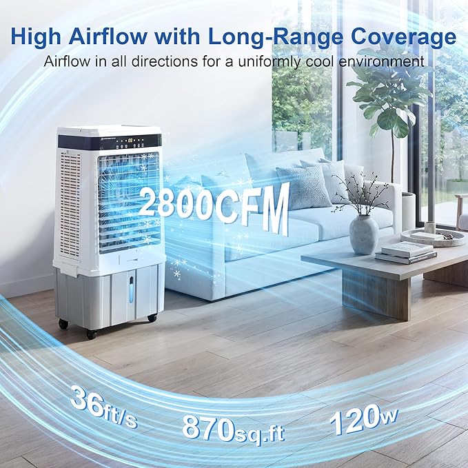 Uthfy 2800 CFM Swamp Cooler, 37" Evaporative Air Cooler with 9.5 Gal Detachable Water Tank, 120° Oscillation, Remote & 12H Timer, Portbable Air Conditioners for Indoor, Garage, Patio