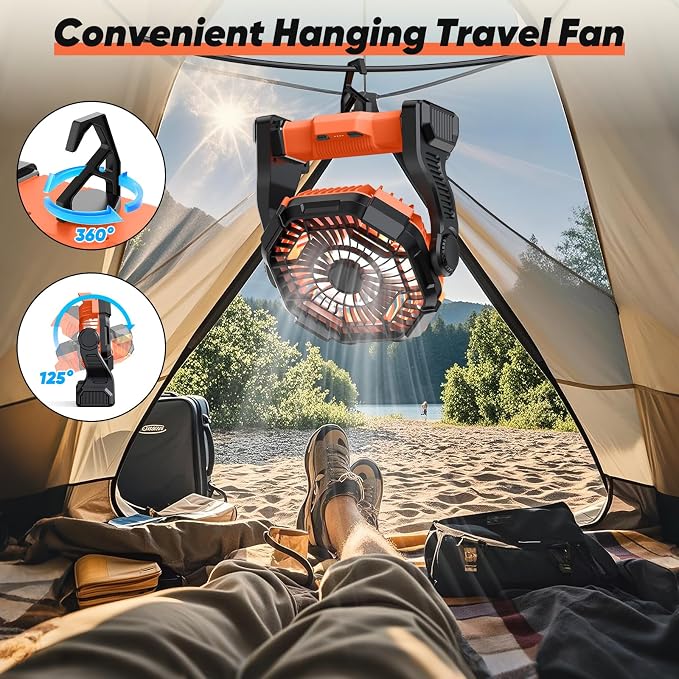 MATULSA Portable Rechargeable Camping Fan, 10-Inch Battery Operated Fan, Quiet Table Fan with LED Lights, 4 Fan Speeds and 125°Rotation, Rechargeable Beach fan for Travel, Fishing, Picnic, Orange