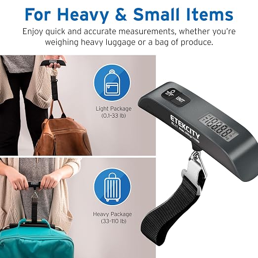 Etekcity Luggage Scale, Travel Essentials, Digital Suitcase Weight Scales for Travel Accessories, Hanging Baggage Scale with Temperature Sensor, Rubber Paint, 110 Pounds, Battery Included,Grey