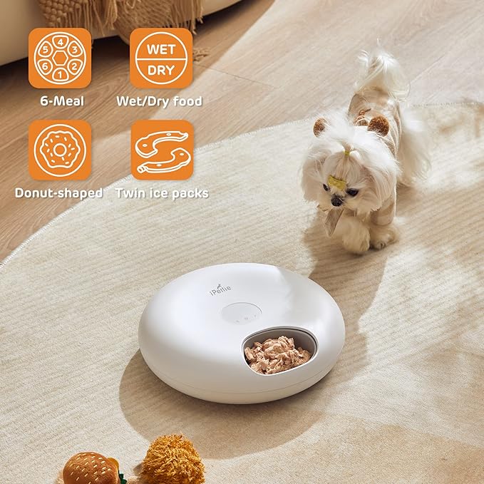 iPettie Donut Frost 6 Meal Cordless Automatic Pet Feeder, Dry & Wet Food Automatic Cat Feeder with Two Ice Packs, Rechargeable Massive Battery, Programmable Timer, Classic White