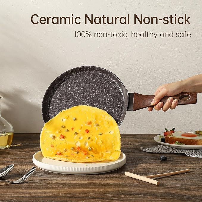 MsMk 11 inch Nonstick Crepe Pan, Ceramic Nonstic Coating Flat Skillet Dosa Tawa Tortilla Pan, Large Pancake with Stay-Cool Handle, Induction Compatible, PFOA Free