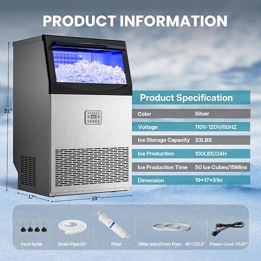 Manastin Commercial Ice Maker, 120lbs/24H Large Ice Machine, 33lbs Storage Capacity, 50 Ice Cubes/15 Mins, Under Counter Ice Maker with Water Filter, Self-Cleaning, Timer, for Home & Bar