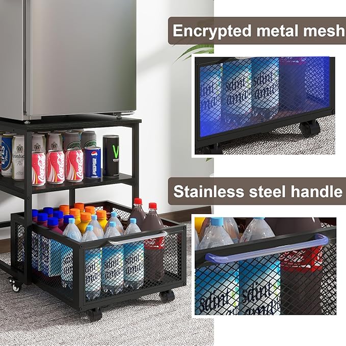 PUNCIA 19.7"x19.7" Mini Fridge Stand 3-Tier Storage Beverage Fridge Table | 220-lb Capacity Beverage Refrigerator Table, Heavy Duty Rolling Organizer with Drawers for Dorm Apartment Office Bedroom
