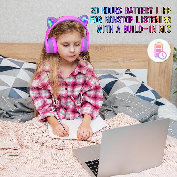 IFECCO Wireless Kids Headphones with Microphone,Foldable Cute Light Up Cat Ear Children Girls Bluetooth Headphones with Case for School Gifts Travel