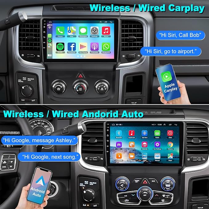 [8Core+64G] Android 15 Car Radio for Dodge RAM 1500/2500/3500 2013-2018(Manual and Auto AC), 9 Inch QLED Touch Screen Car Stereo with Wireless Carplay&Android Auto,GPS, WiFi, Bluetooth,FM,DSP
