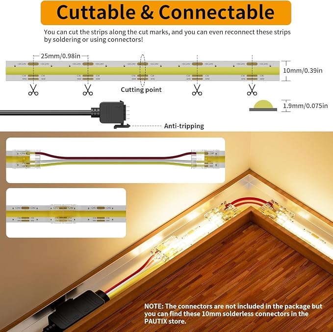 PAUTIX COB LED Strip Light White CCT Tunable 3200LEDs,CRI90+ 16.4ft/5m Dimmable 2700K-6500K 24V LED Tape Light,for Under Cabinet Bedroom Kitchen TV Mirror DIY Lighting(Adapter & Dimmer NOT Included)