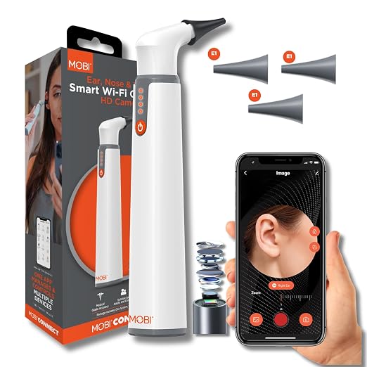 MOBI Smart Otoscope for Ears, Nose & Throat, 1080P HD Ear Camera with App for Adults & Kids, Rechargeable Digital Otoscope with 6 LED Lights, Multi-Axis Gyroscope & 3 Speculum Tips
