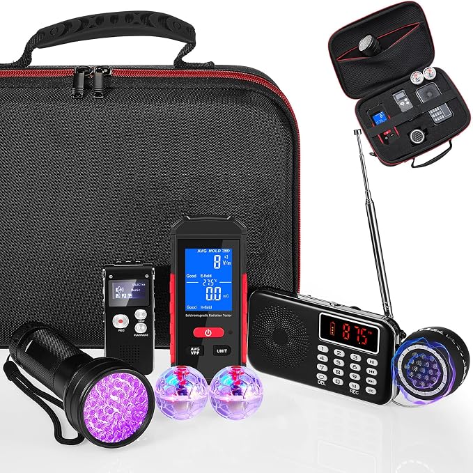 Dunzy 8 Pcs Ghost Hunting Equipment Kit, Include 1 Emf Meter 1 EVP Voice Recorders 1 Spirit Ghost Hunting Research Case 1 Flashlight 1 Speaker 2 Motion Light up Cat Balls 1 Radio(Emf Meter 4, Radio 1)