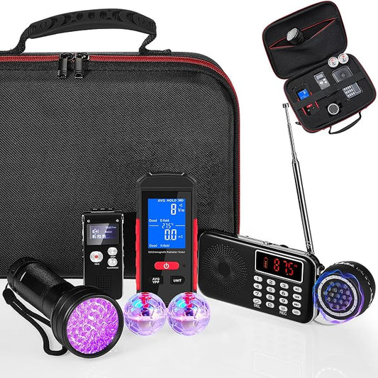 Dunzy 8 Pcs Ghost Hunting Equipment Kit, Include 1 Emf Meter 1 EVP Voice Recorders 1 Spirit Ghost Hunting Research Case 1 Flashlight 1 Speaker 2 Motion Light up Cat Balls 1 Radio(Emf Meter 4, Radio 1)