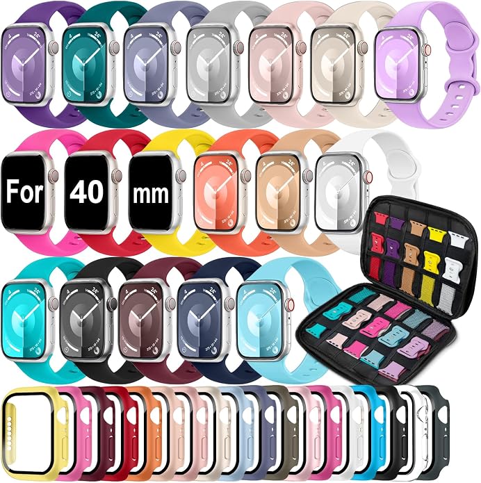 18 Pack Sport Band Compatible with Apple Watch Bands 40mm 41mm 42mm 44mm 45mm 46mm for Women Men,Silicone iWatch Bands with Screen Protector Case for iWatch 10 9 8 7 6 5 4 SE (Select the Right Size)
