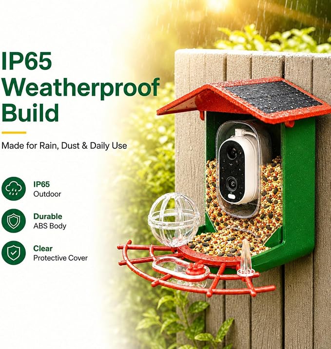 Bird Feeder with Camera, 2K HD 147° Wide Angle, Live View, Solar Powered, IP65 Outdoor, 2.4GHz Wi-Fi, Night Vision, Motion Alerts, Local Storage, AI Bird ID 10,000+ Species, Family Sharing