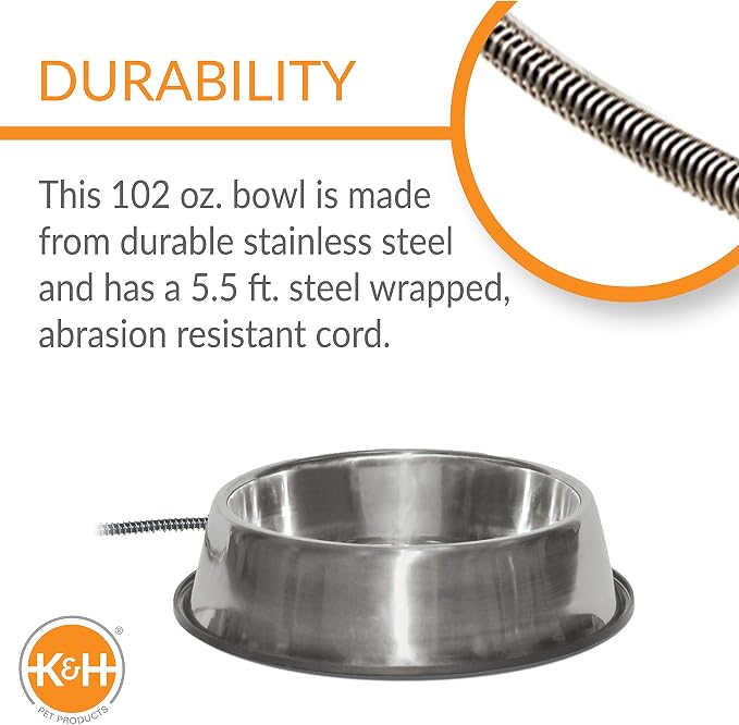 K&H Pet Products Thermal-Bowl Heated Water Bowl for Cats & Dogs Outside, Safety Listed Outdoor Heated Dog Dish for Pets, Automatic No Freeze, Anti Chew Cord - 102 Ounces Stainless 25W