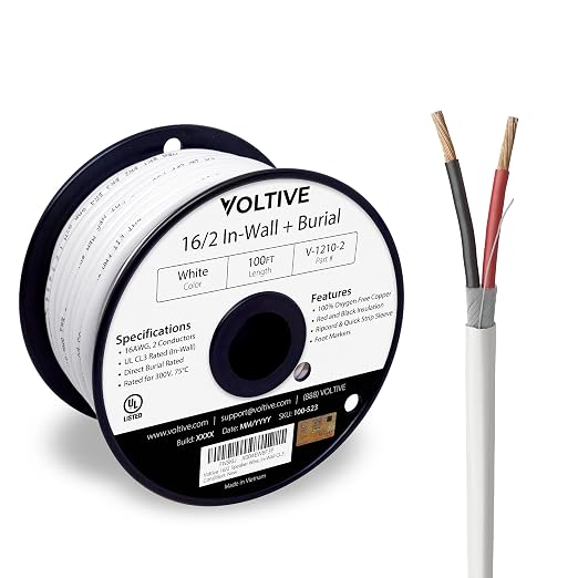 Voltive 16/2 Speaker Wire, in-Wall CL3 & Direct Burial, White, 100ft - 16AWG, 2 Conductors, Stranded Oxygen-Free Copper, UL Listed - V-1210-2