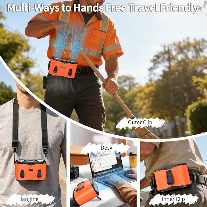 20000mAh Wearable Waist Fan, USB Rechargeable Personal Fan with 10 Wind Speeds, Dual Motors Portable Clip On Fan, Hands Free Cooling Fan for Outdoor Working Camping Travel (Orange)