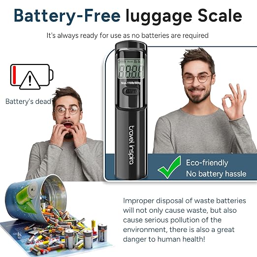 Battery-Free Luggage Scale – No Batteries Needed, Portable Digital Hanging Suitcase Weight Scale for Air Travel & Checked Bags, 110lb/50kg, LCD Display, Compact Travel Accessory
