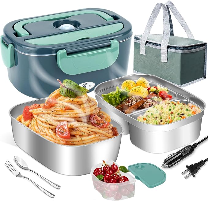 LAVAED Food Heater Electric Lunch Box for Adults 80W Fast Heating 2 in 1 Portable Heated Lunchbox Warmer for Car/Truck/Office/Outdoor, BPA Free